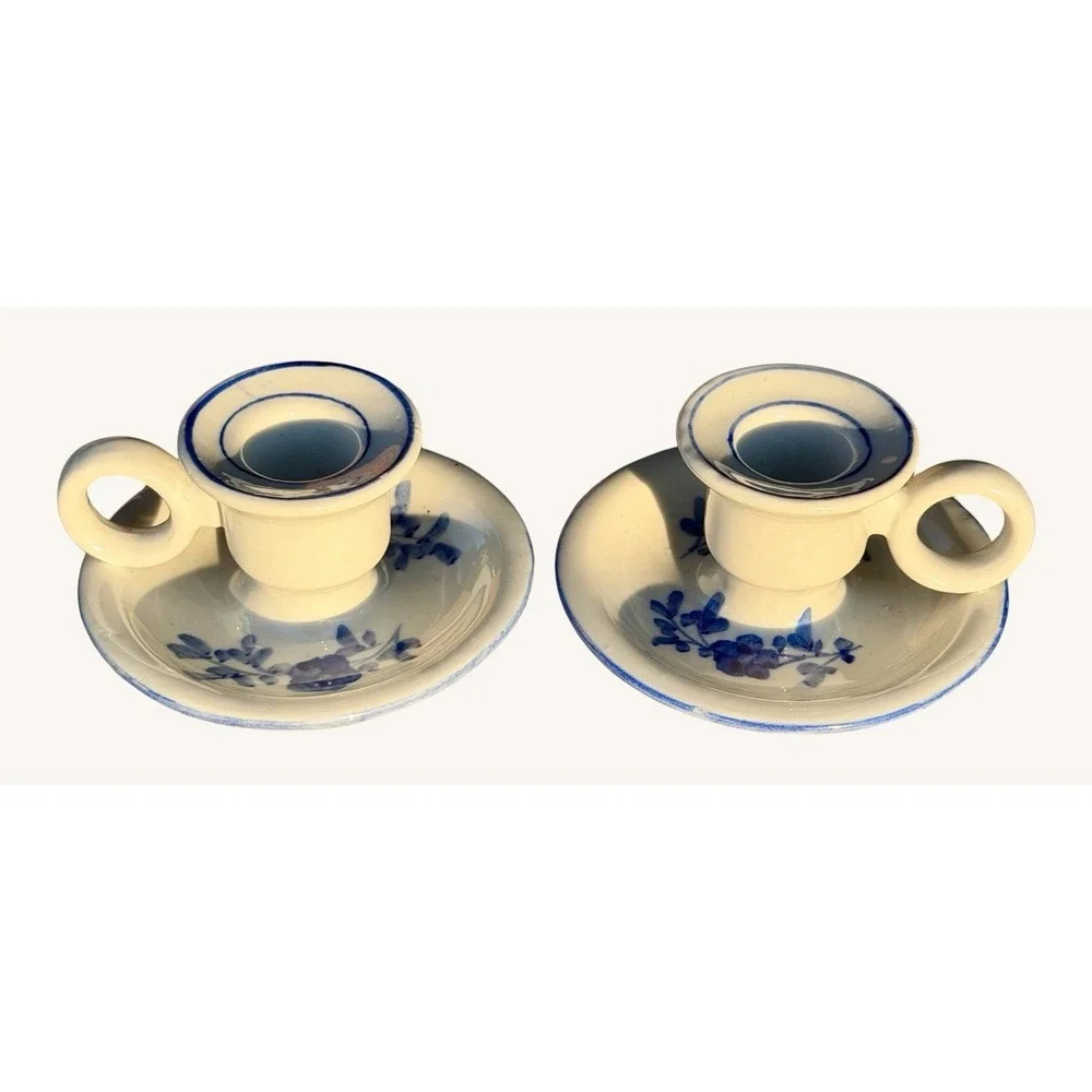 Vintage Blue and White Chamberstick Candle Holder Set Hand Painted Florals